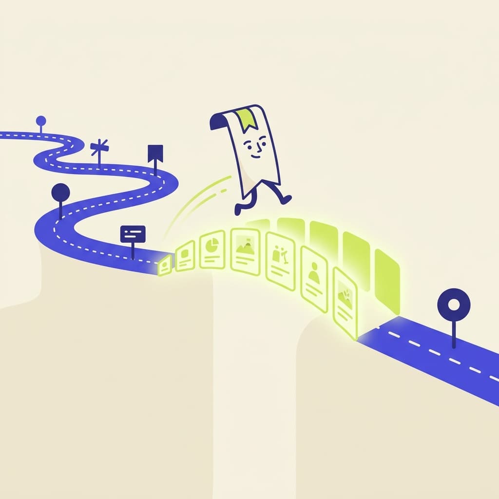 A bookmark leaping over a timeline gap into glowing milestone cards