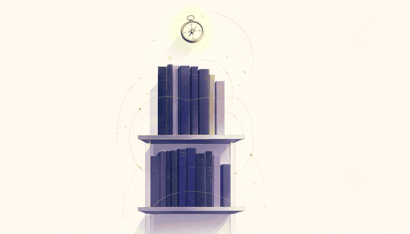 Flat editorial illustration of an indigo bookshelf with a glowing compass and lime dotted arcs on a cream background