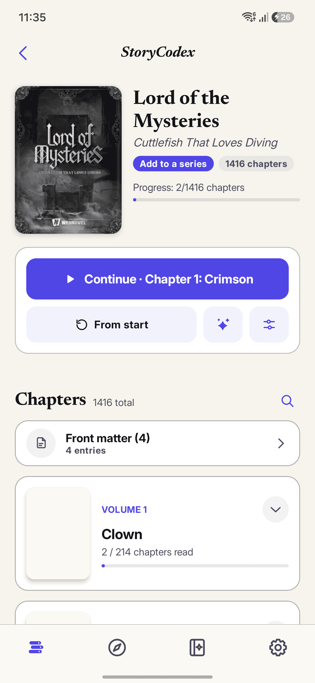 A 1416-chapter EPUB in StoryCodex showing volume structure and per-chapter progress