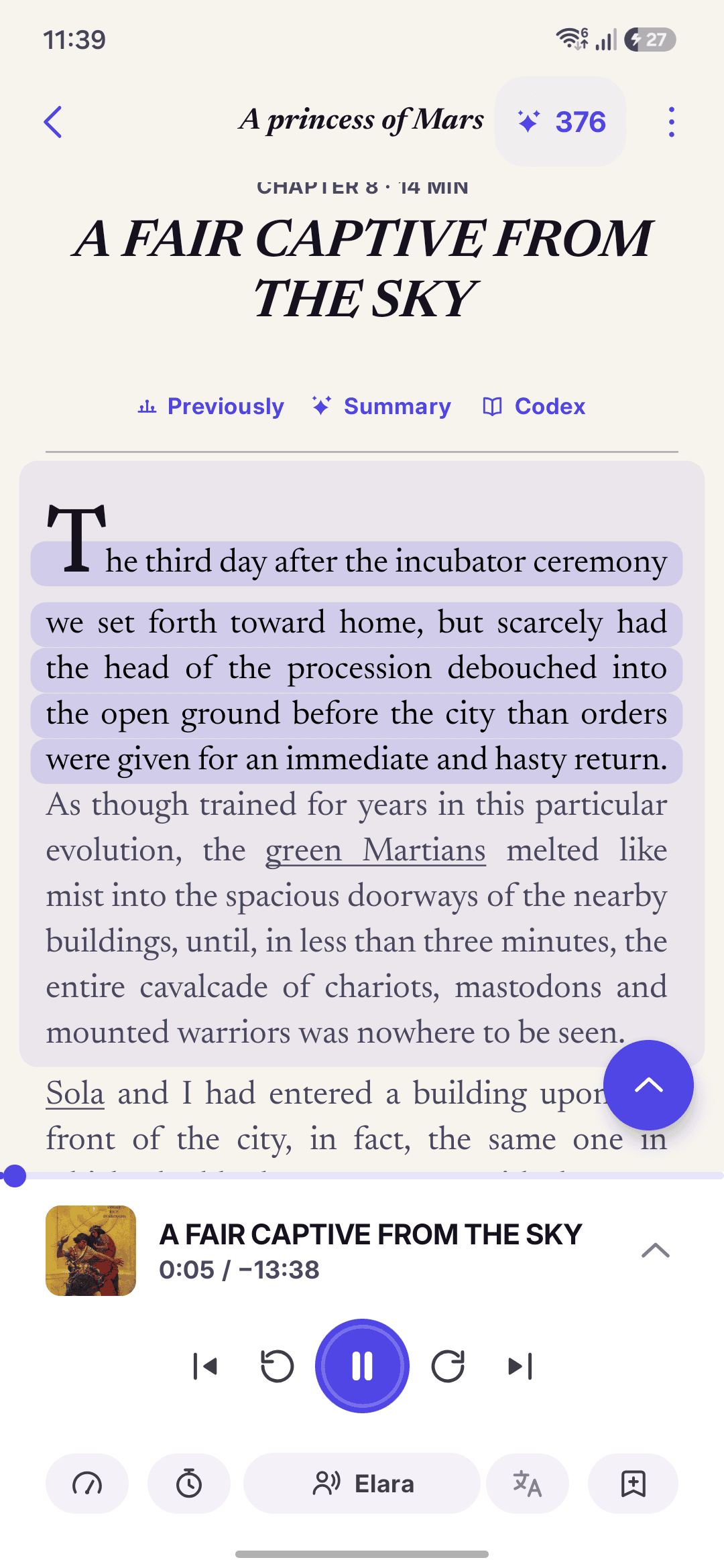 Narration playing on an EPUB chapter with the current sentence highlighted