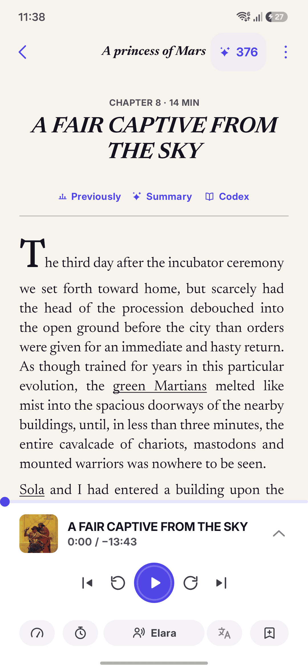 An EPUB chapter in the StoryCodex reader with serif type, a drop cap, and the narration mini player