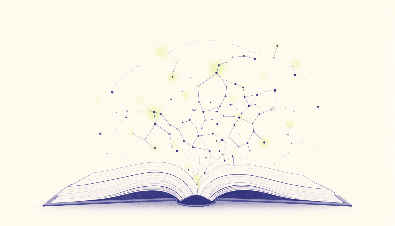 Flat editorial illustration of an open book with a constellation of connected story nodes rising from its pages