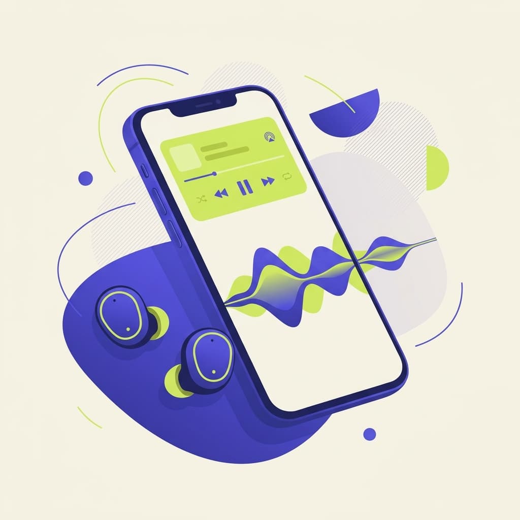 Smartphone with lock screen player controls next to wireless earbuds