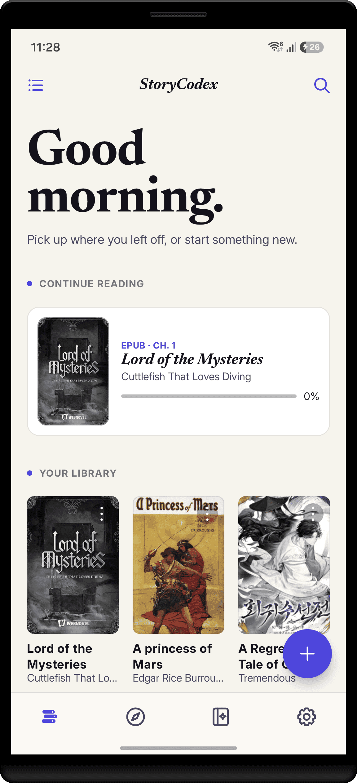 The StoryCodex home screen with a Continue reading card for an EPUB and the library grid