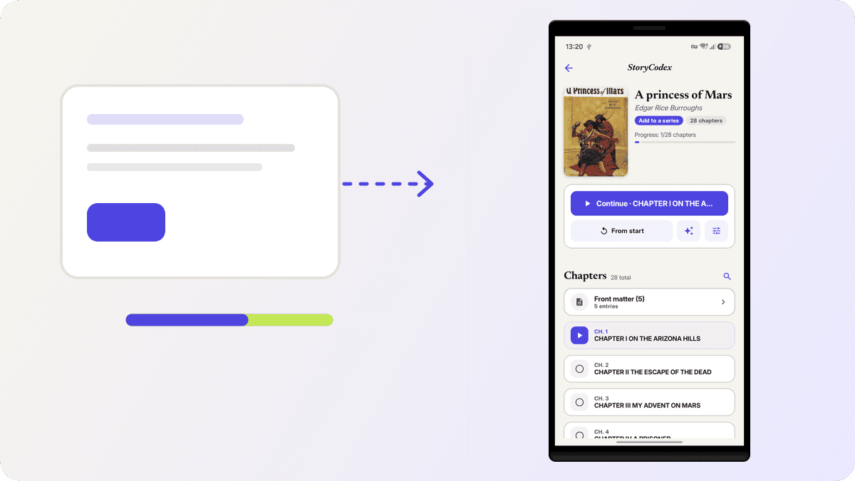 StoryCodex book details screen with import and chapter controls