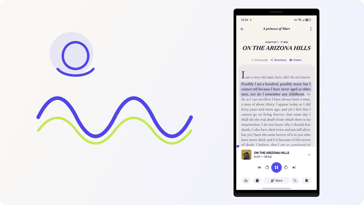 StoryCodex reader with narration controls framed in an editorial hero composition