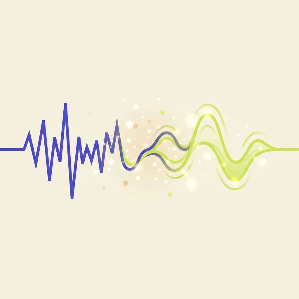 A jagged robot audio signal line transforming into a smooth glowing human voice wave