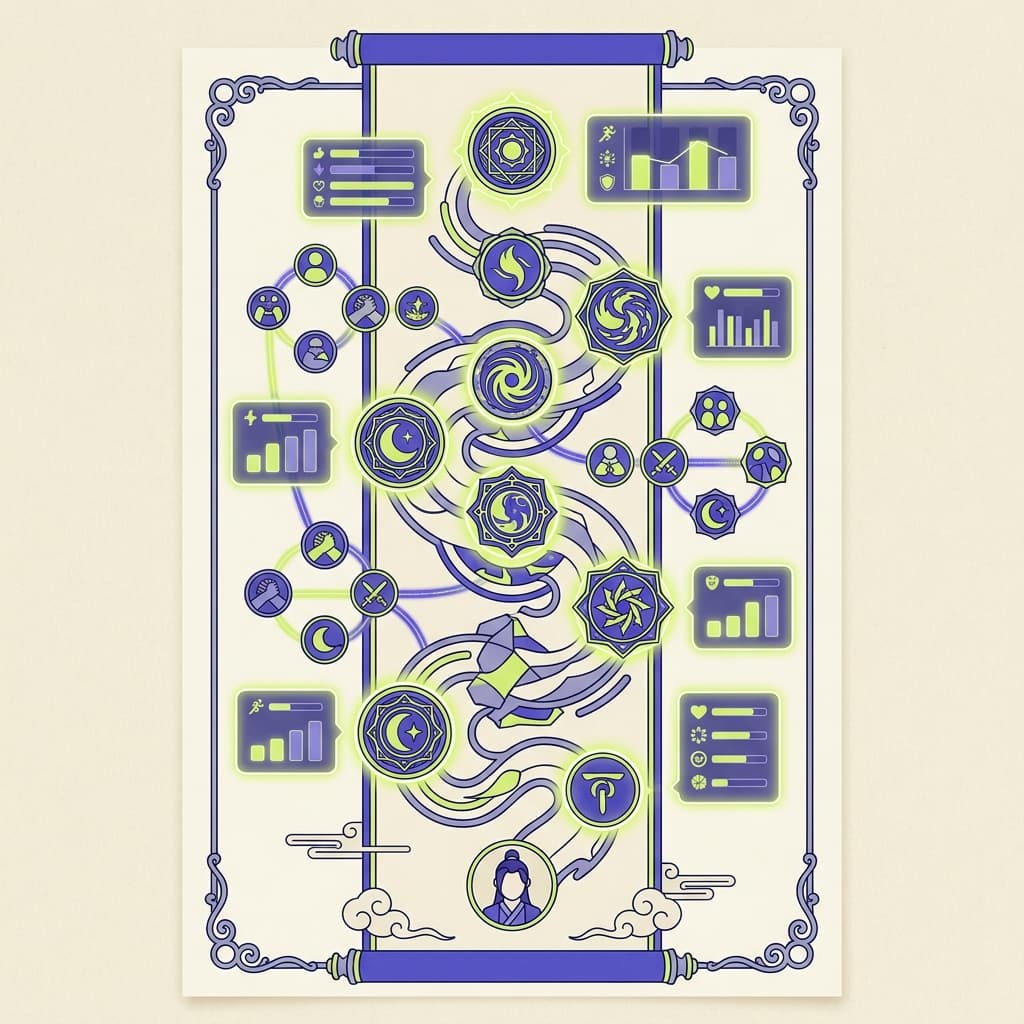 Fantasy cultivation scroll and rank ladder graphic with tier badges and character profiles