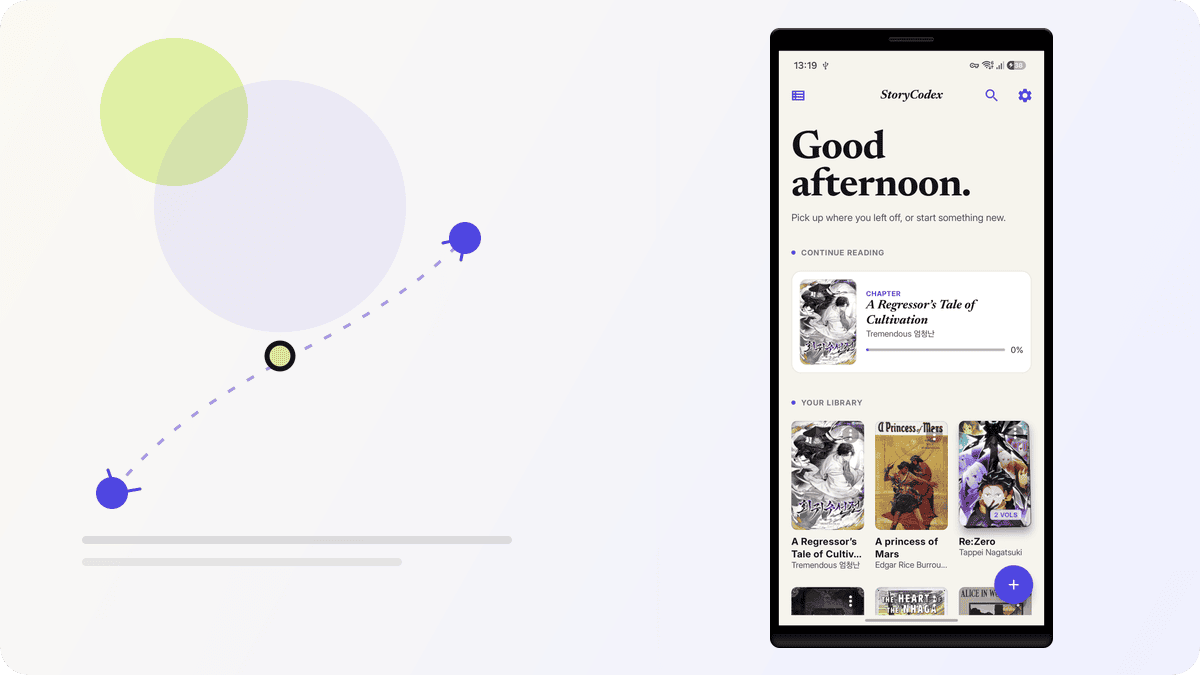 StoryCodex library screen framed in an editorial hero composition