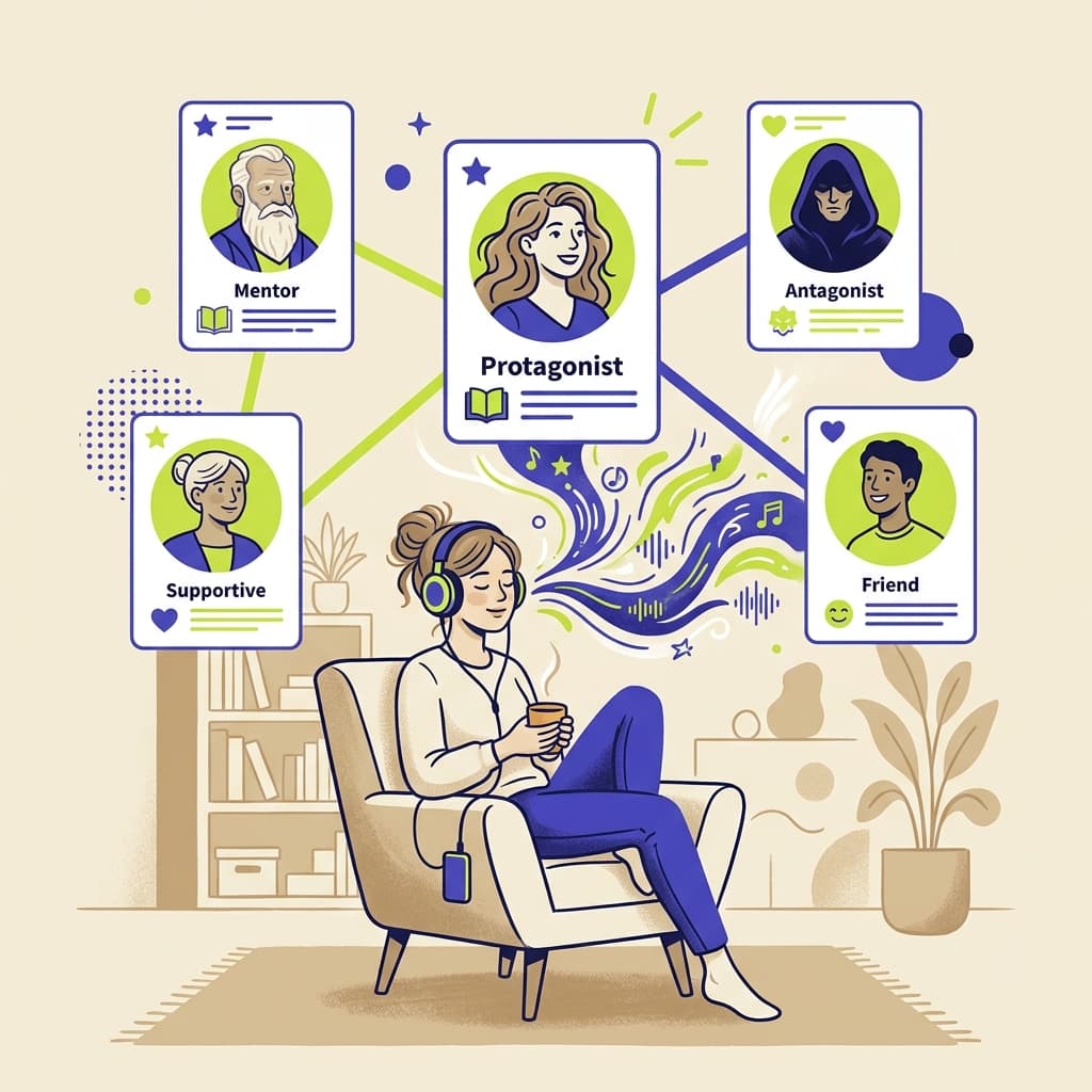 A listener relaxing with headphones while floating character info cards display relationship paths