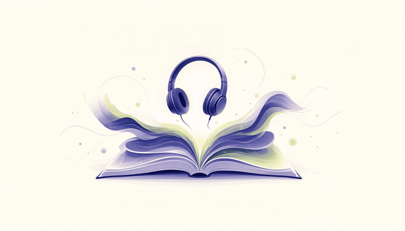 Flat editorial illustration of an open book whose pages flow into sound waves wrapping a pair of headphones