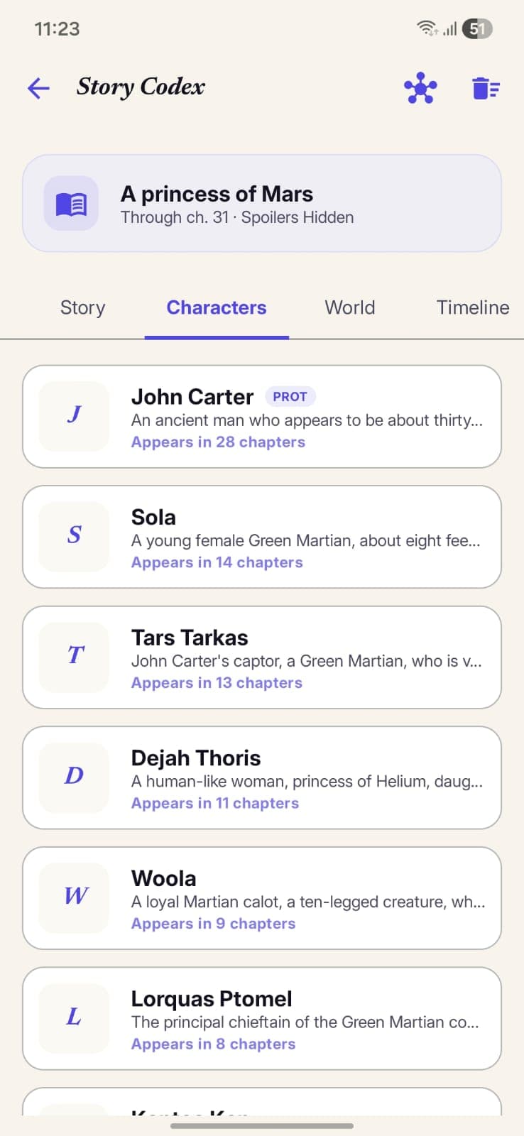 StoryCodex Codex characters tab