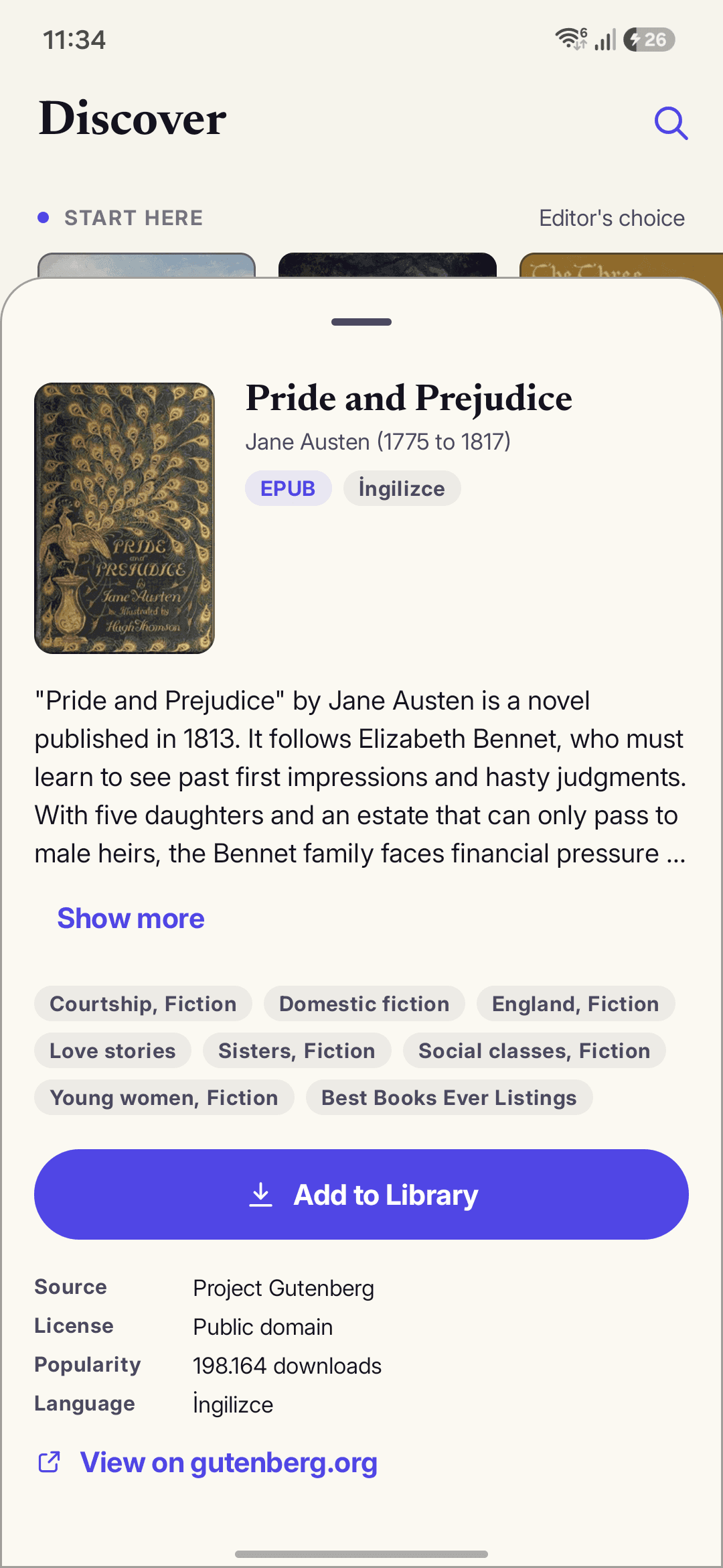 A book's detail card in Discover, with cover, author, subjects, and the Add to Library button