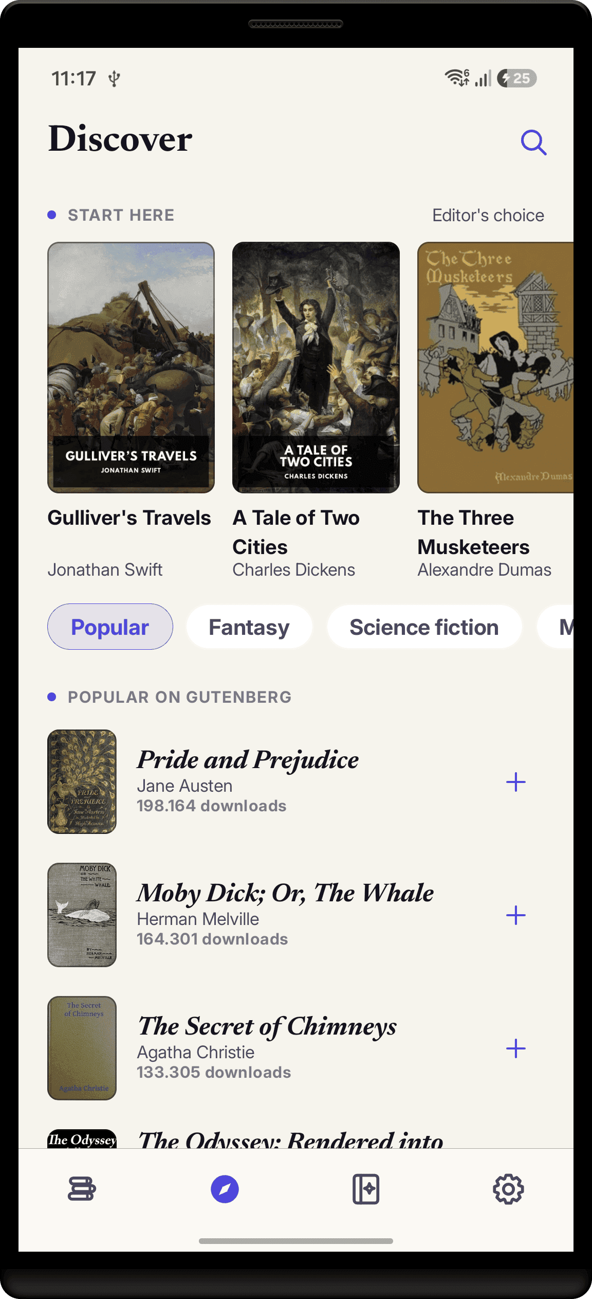 The Discover tab with the Start here shelf, genre chips, and the Popular on Gutenberg feed