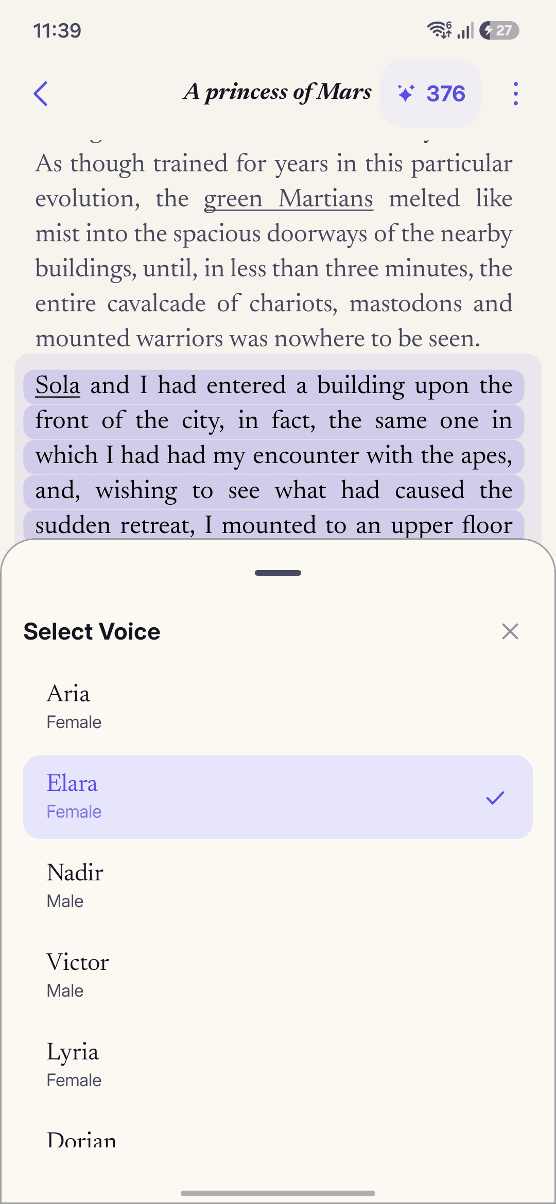 The voice picker sheet in StoryCodex listing voices like Aria, Elara, Nadir, Victor, and Lyria