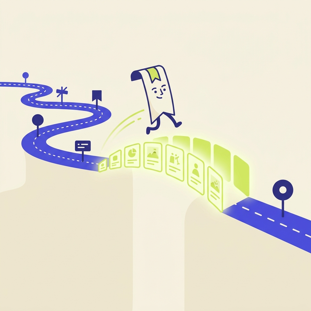 A bookmark leaping over a timeline gap into glowing milestone cards