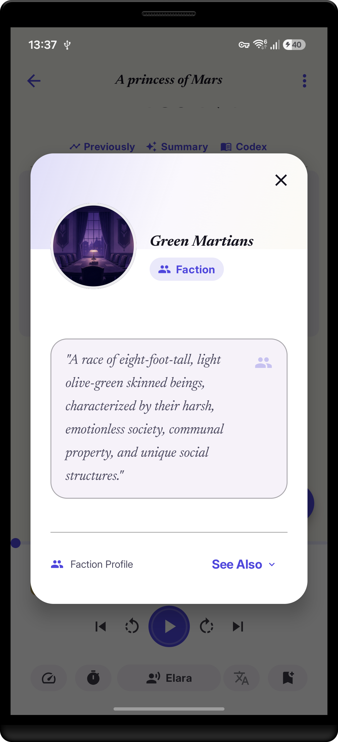 StoryCodex faction lookup popup over reading text