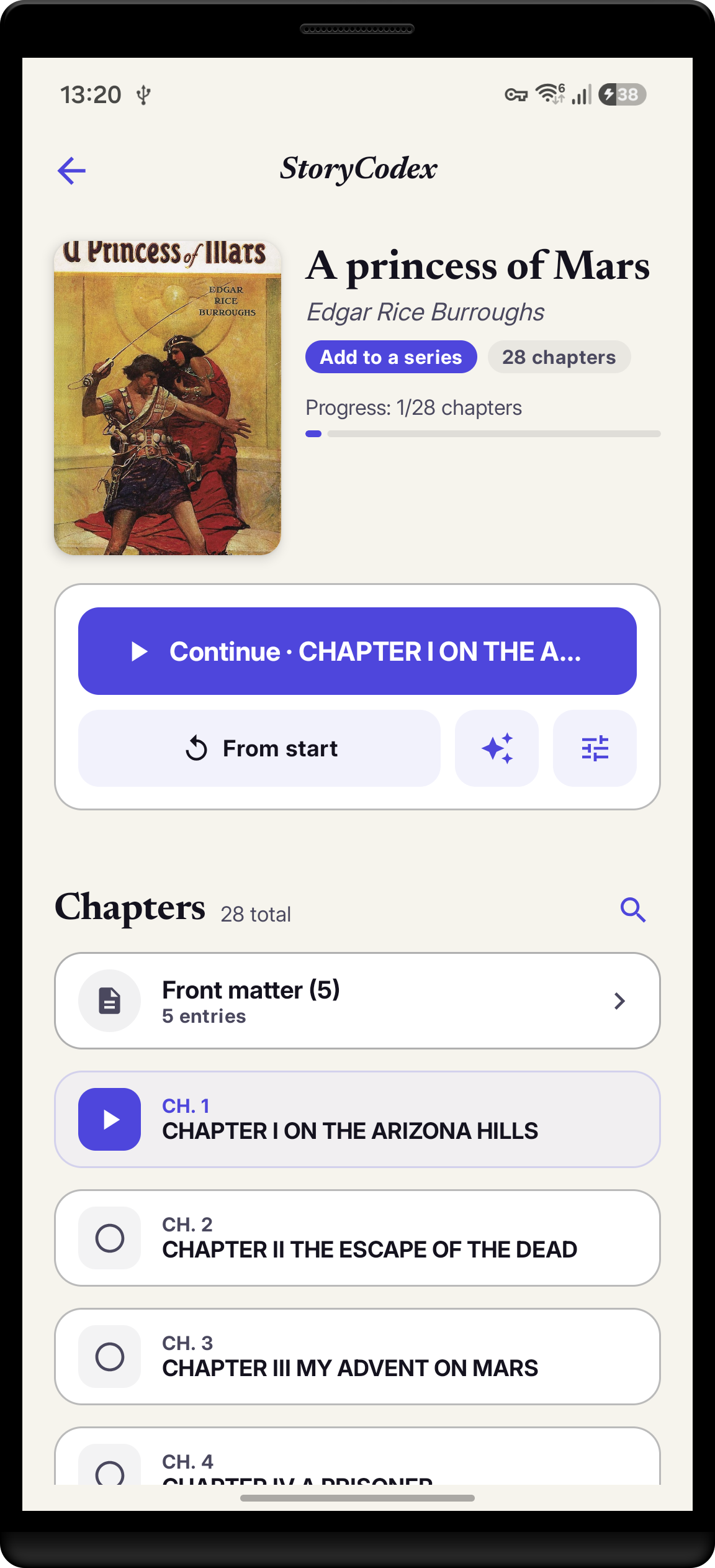 StoryCodex book details screen with chapter list