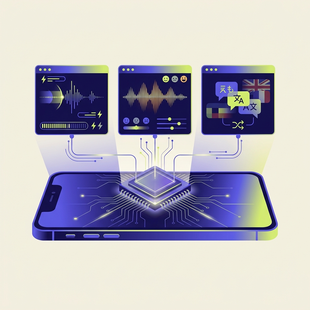 Three neural voice engine cards connecting to a central smartphone neural processor