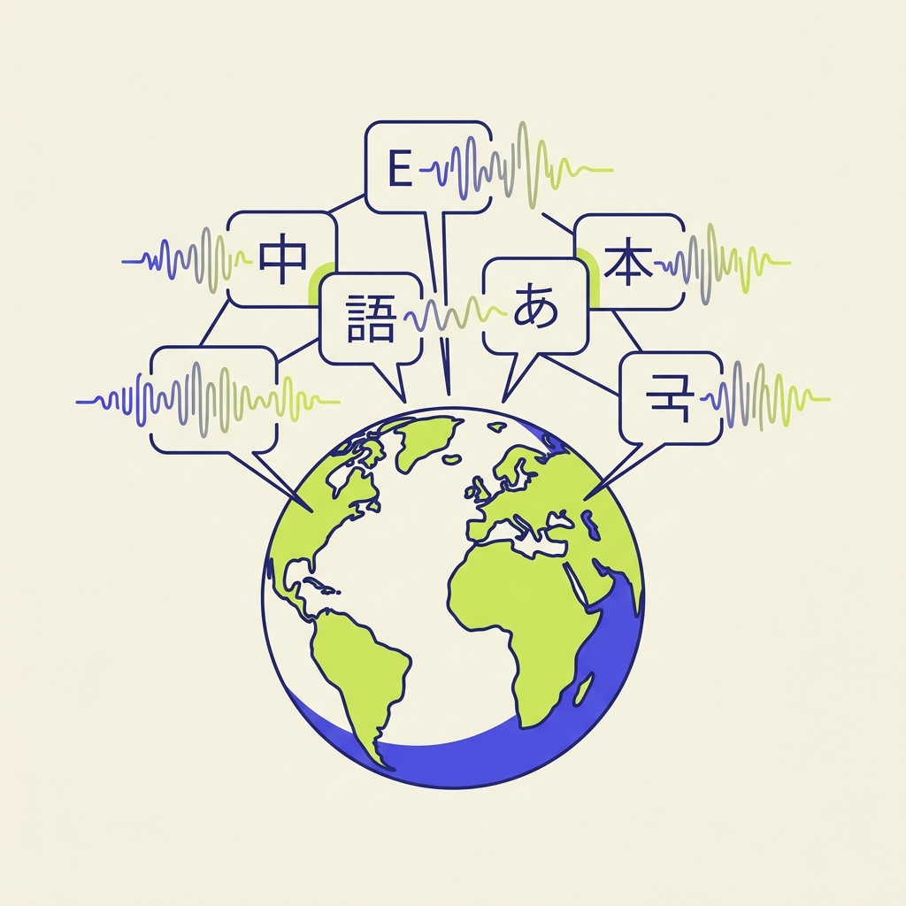A globe surrounded by multilingual speech bubbles translating smoothly into audio soundwaves