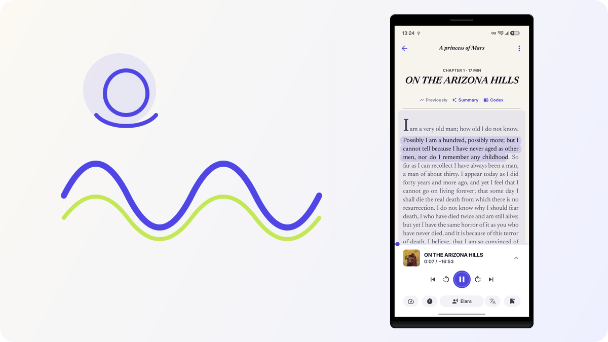 StoryCodex reader with narration controls framed in an editorial hero composition