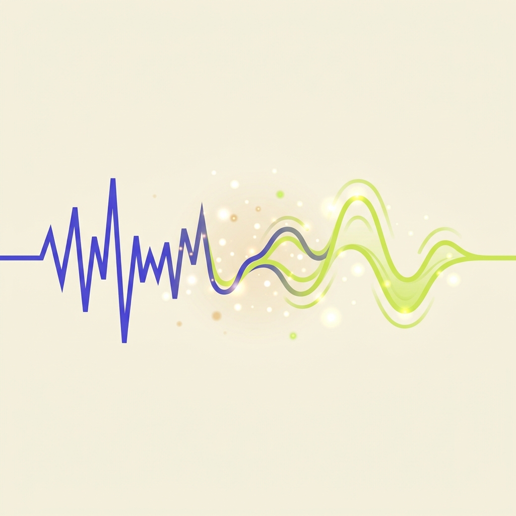 A jagged robot audio signal line transforming into a smooth glowing human voice wave