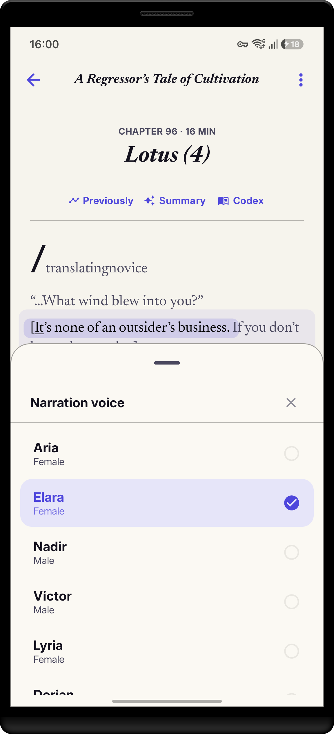 StoryCodex voice picker settings sheet showing neural voice options