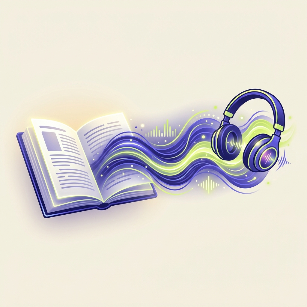 An open ebook page transforming into glowing audio soundwaves and headphones
