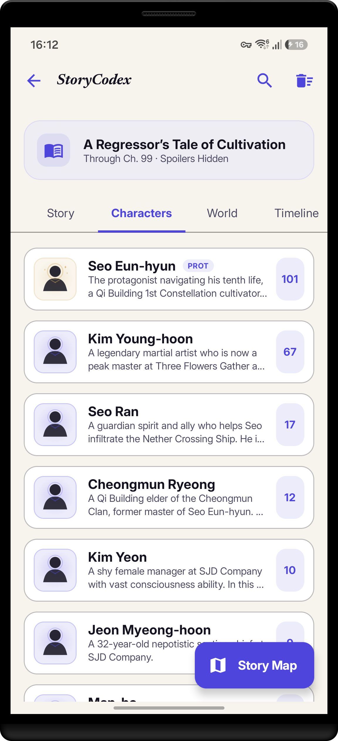 StoryCodex Characters tab showing indexed roster and relationships for a 1,000+ chapter web novel