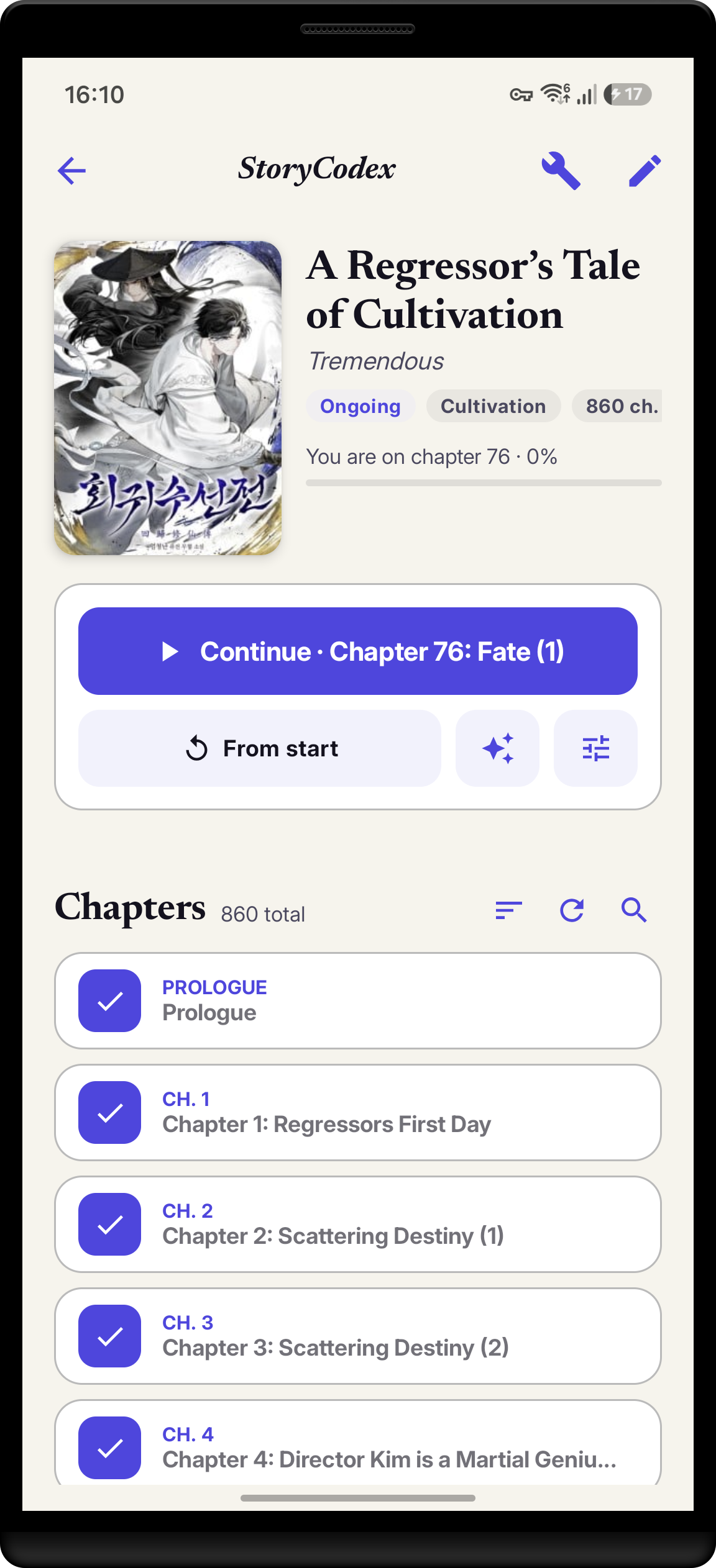 StoryCodex book details screen for a web novel fetched from the web