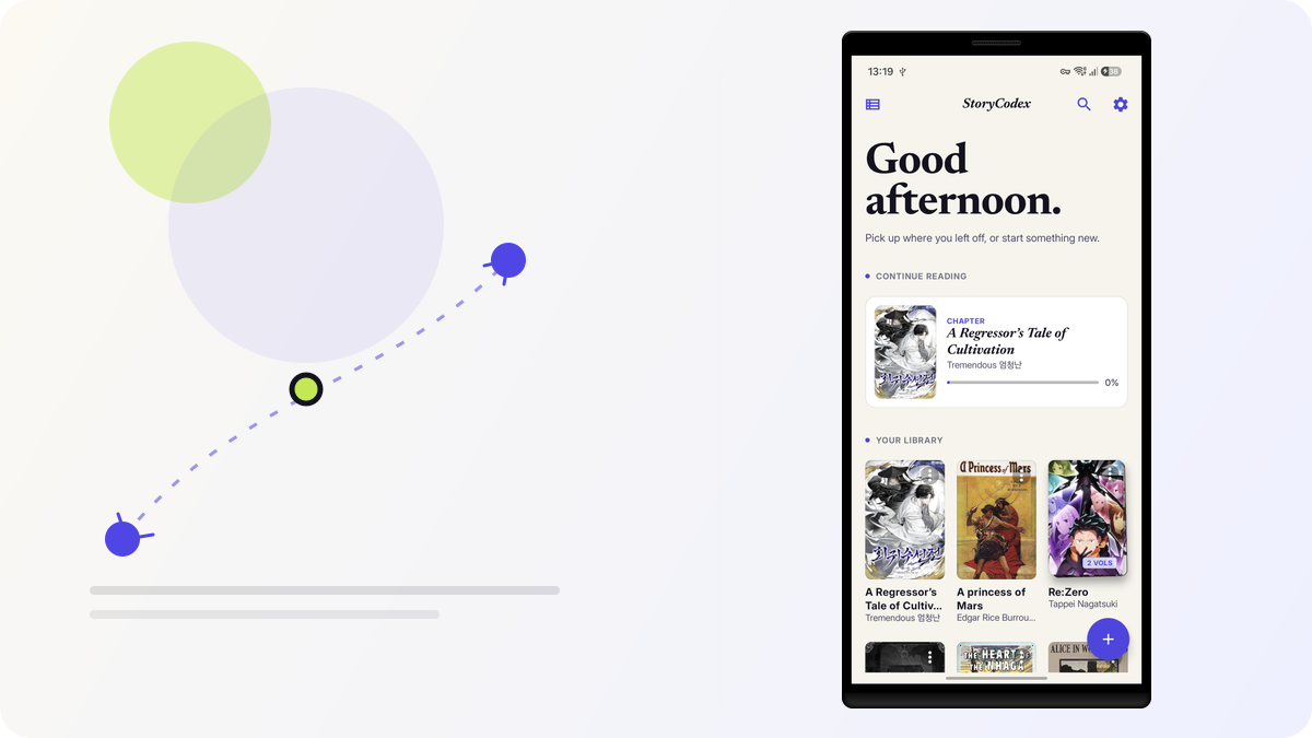 StoryCodex library screen framed in an editorial hero composition