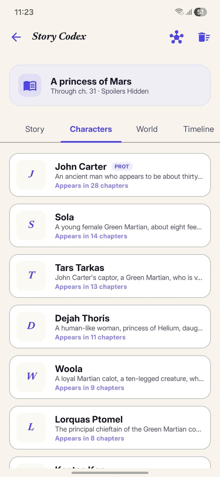 StoryCodex Codex characters screen